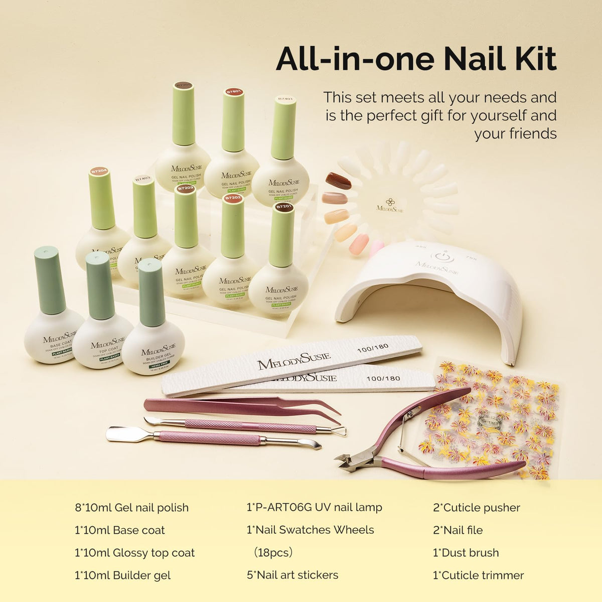 MelodySusie Gel Nail Kit with Cordless UV LED Lamp, Base, Top & Builder Gel