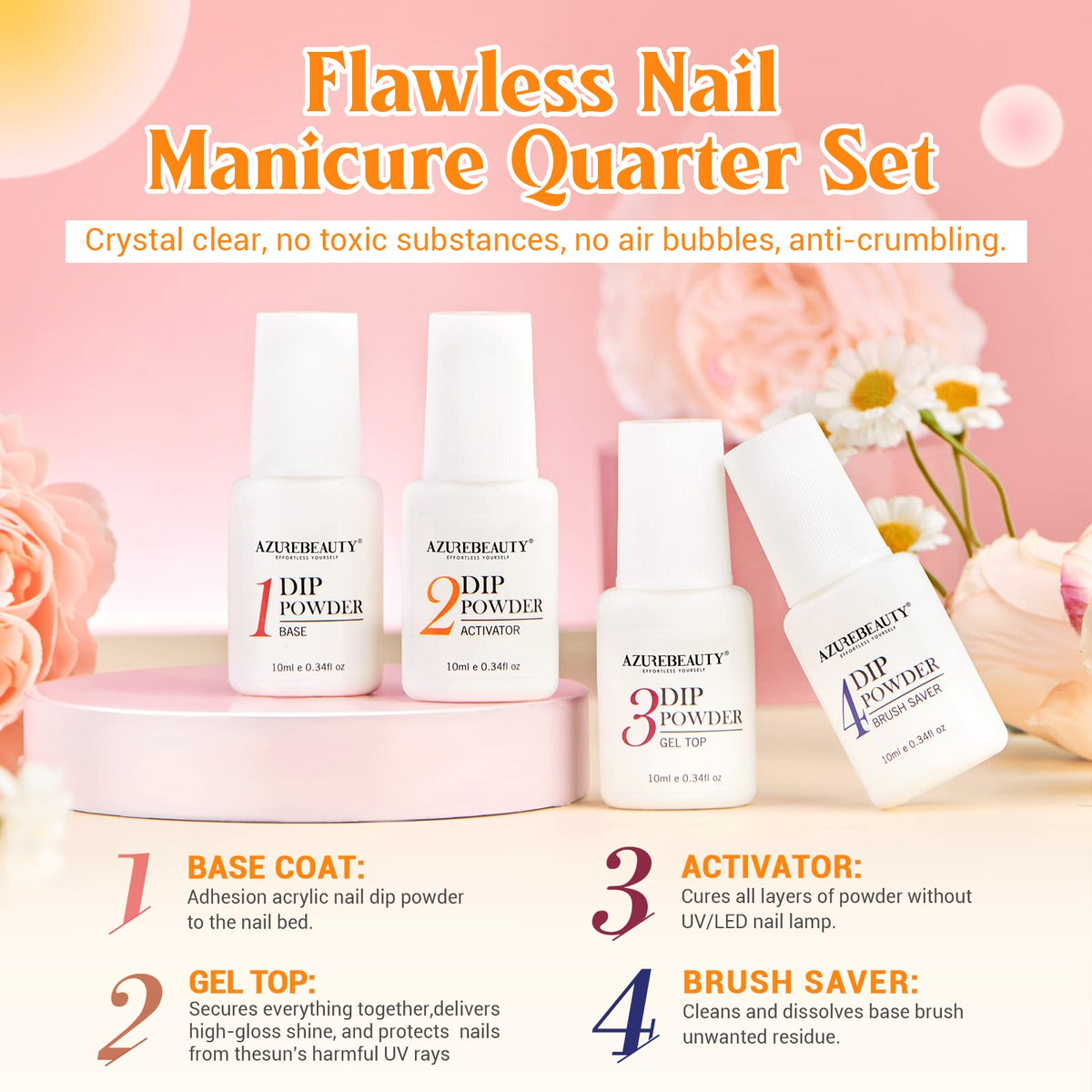 AZUREBEAUTY 42-Piece Dip Powder Nail Kit, 32 Colors with Base, Top Coat & Activator