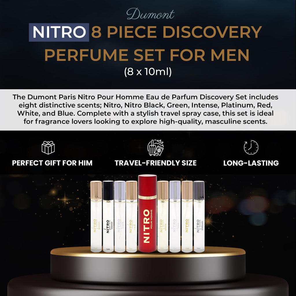 Dumont Nitro Pour Homme Men’s Perfume Discovery Set, 8 Mini Travel Sprays