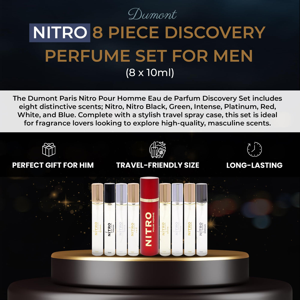 Dumont Nitro Pour Homme Men’s Perfume Discovery Set, 8 Mini Travel Sprays