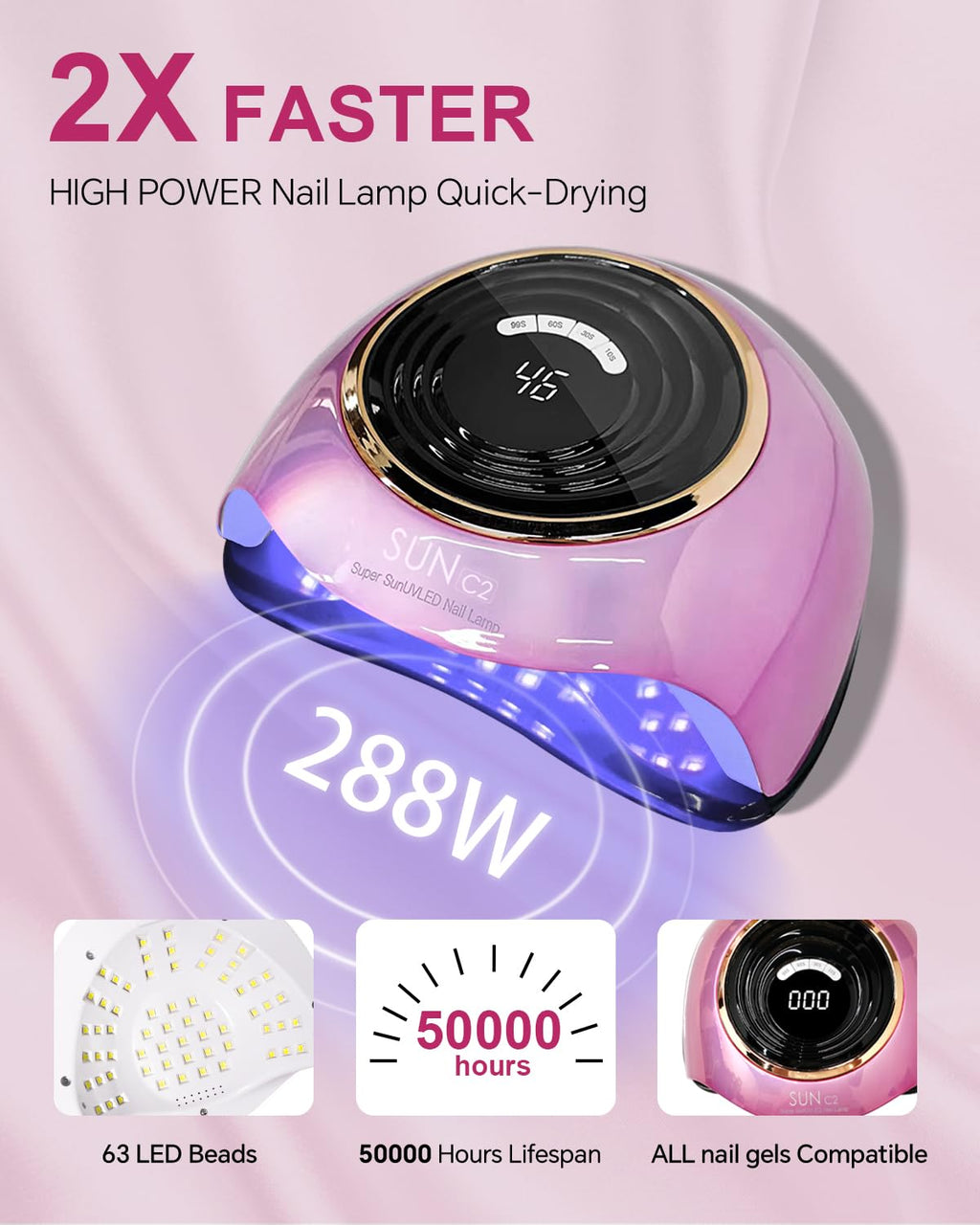 MIRAGE LAYON UV LED Nail Lamp, 288W Gel Polish Dryer with 63 LED Beads