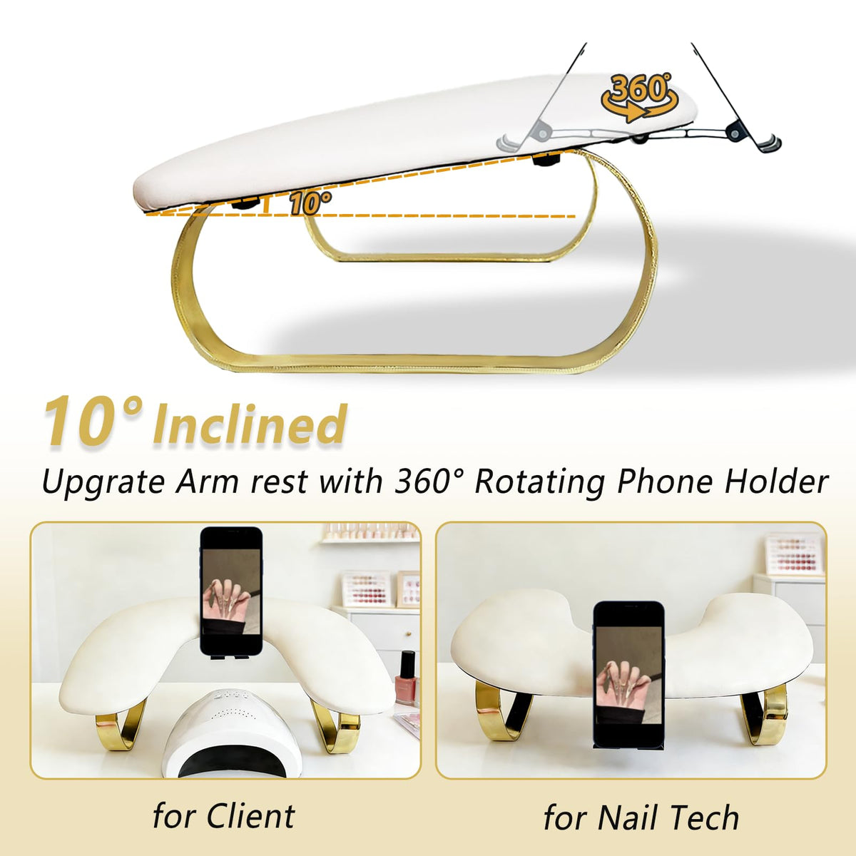 Rotating Phone Holder Nail Arm Rest with U-Shaped PU Leather Cushion