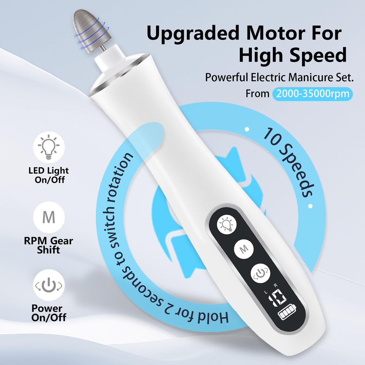 Electric Nail File Drill, Cordless Rechargeable 10-Speed Nail Grinder