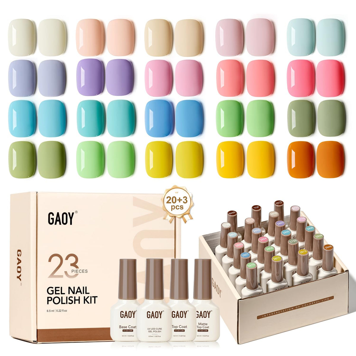 GAOY 23-Piece UV Gel Nail Polish Kit with Glossy & Matte Top Coats