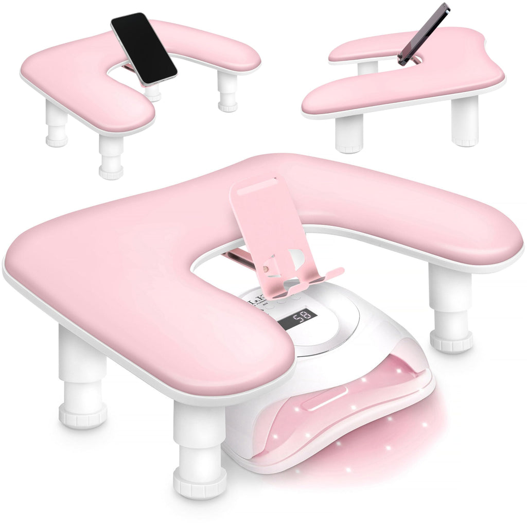 U-Shaped Nail Arm Rest with Adjustable 360° Phone Holder, Pink