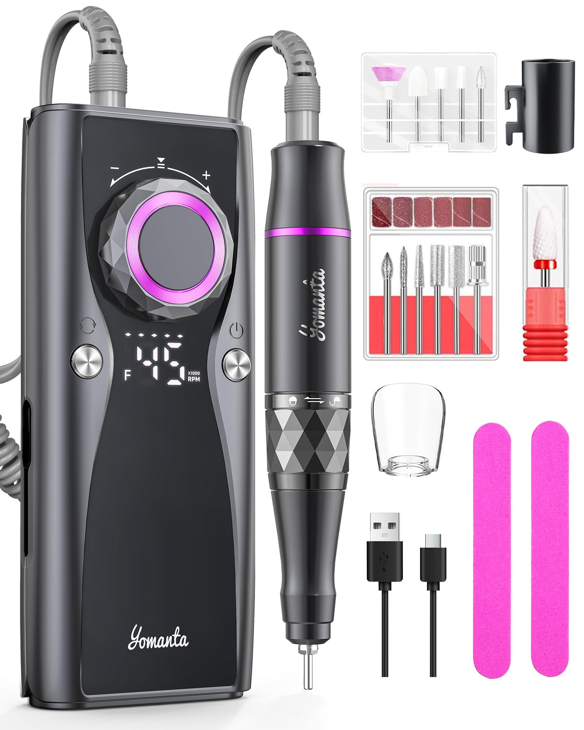 Yomanta Professional Electric Nail Drill Kit, 45,000 RPM Rechargeable E-File