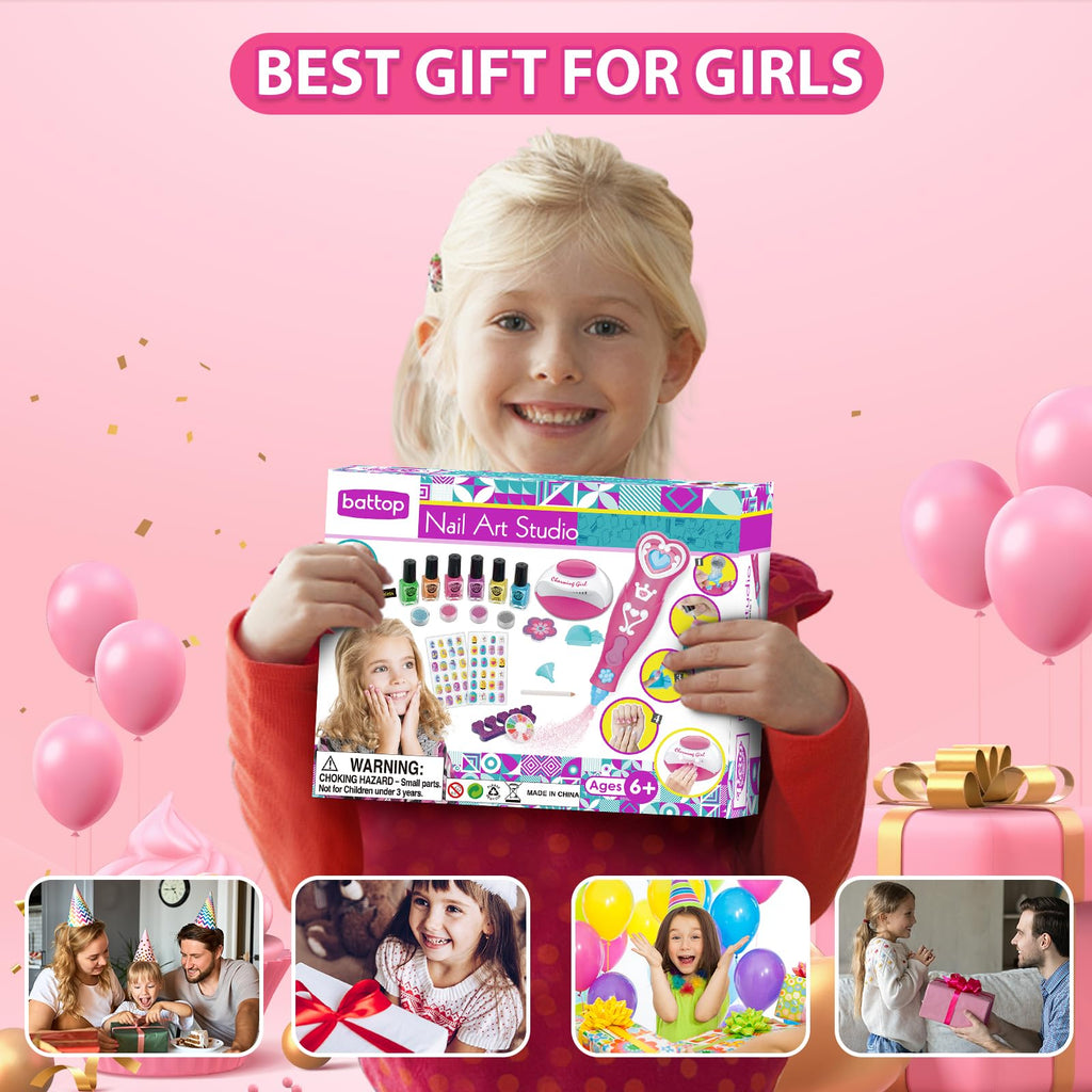 BATTOP Kids Nail Polish Set with Nail Dryer and Glitter Pen