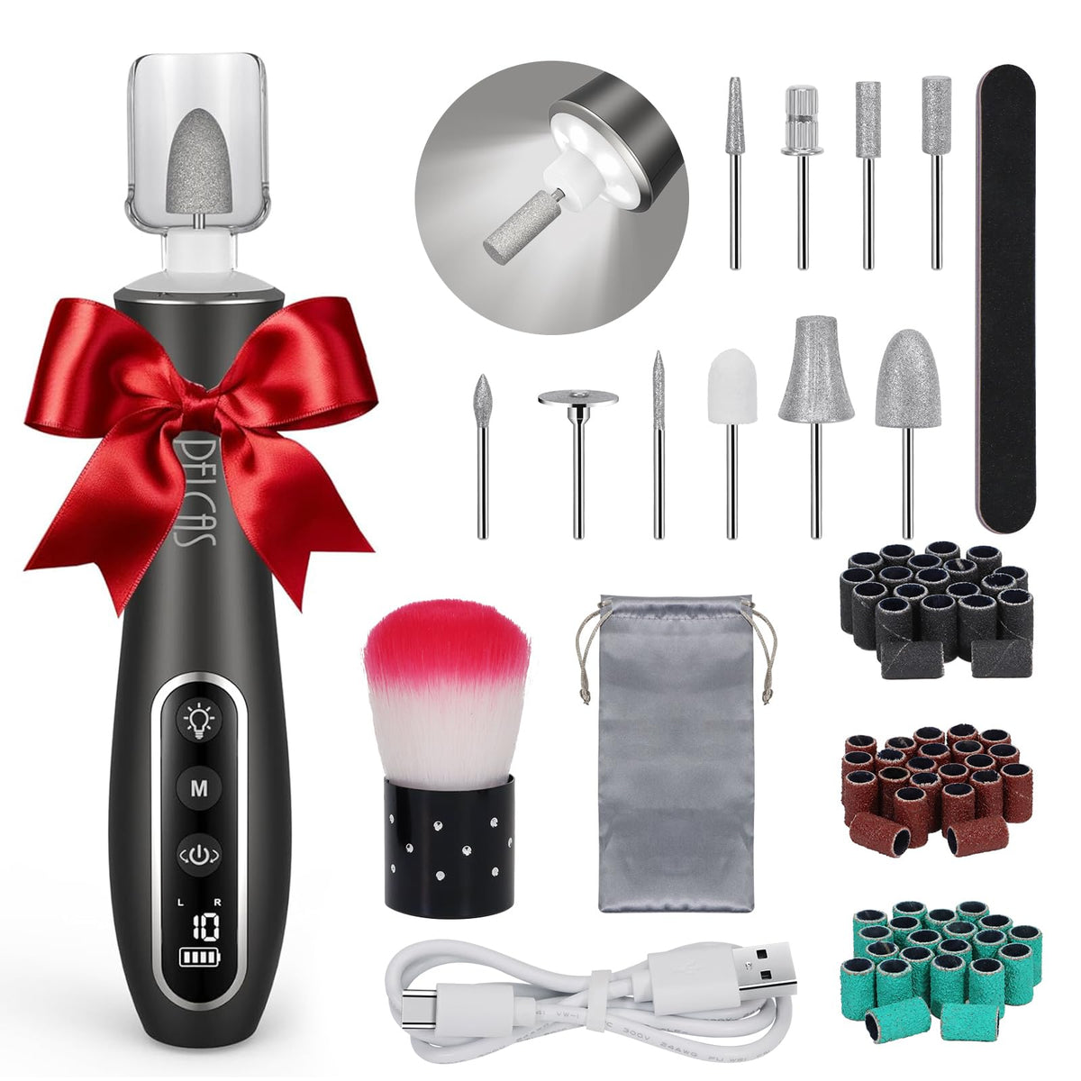 PELCAS Cordless Electric Nail Drill Kit with Light, LCD Display and 10 Speeds