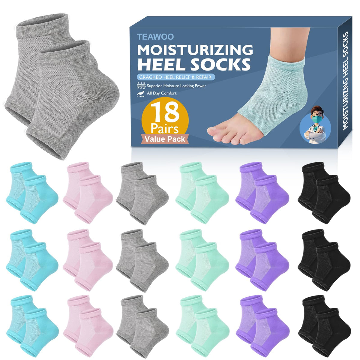 TEAWOO Moisturizing Toeless Heel Socks for Dry, Cracked Feet