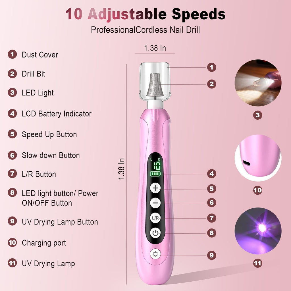 Pink Electric Nail Drill Kit with LED Light and Nail Drying Lamp