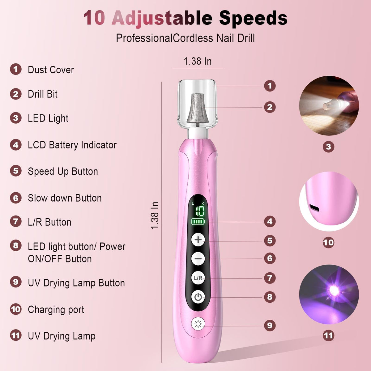 Pink Electric Nail Drill Kit with LED Light and Nail Drying Lamp
