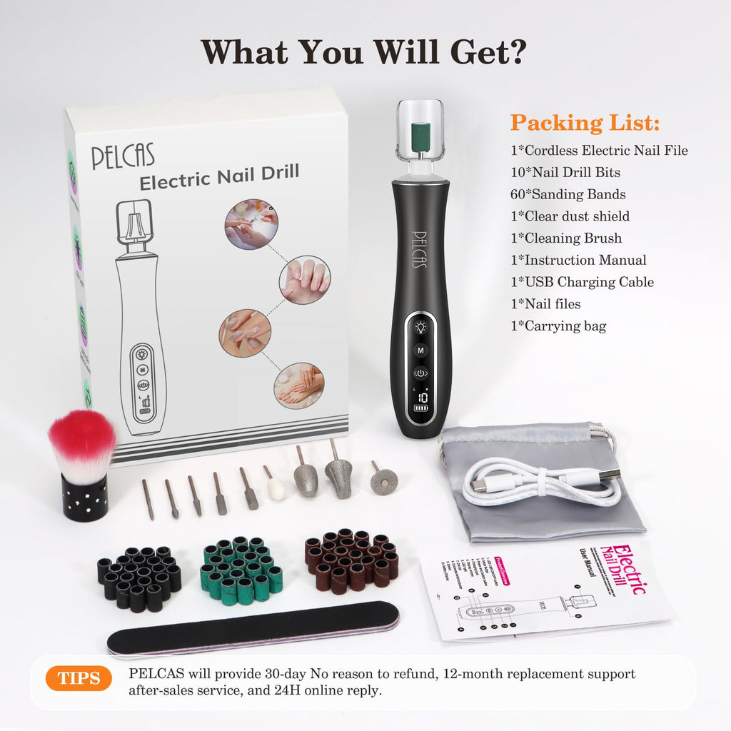 PELCAS Cordless Electric Nail Drill Kit with Light, LCD Display and 10 Speeds