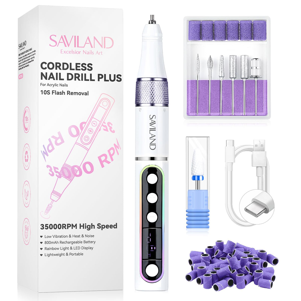 SAVILAND Cordless Electric Nail Drill 35000 RPM Professional Nail File
