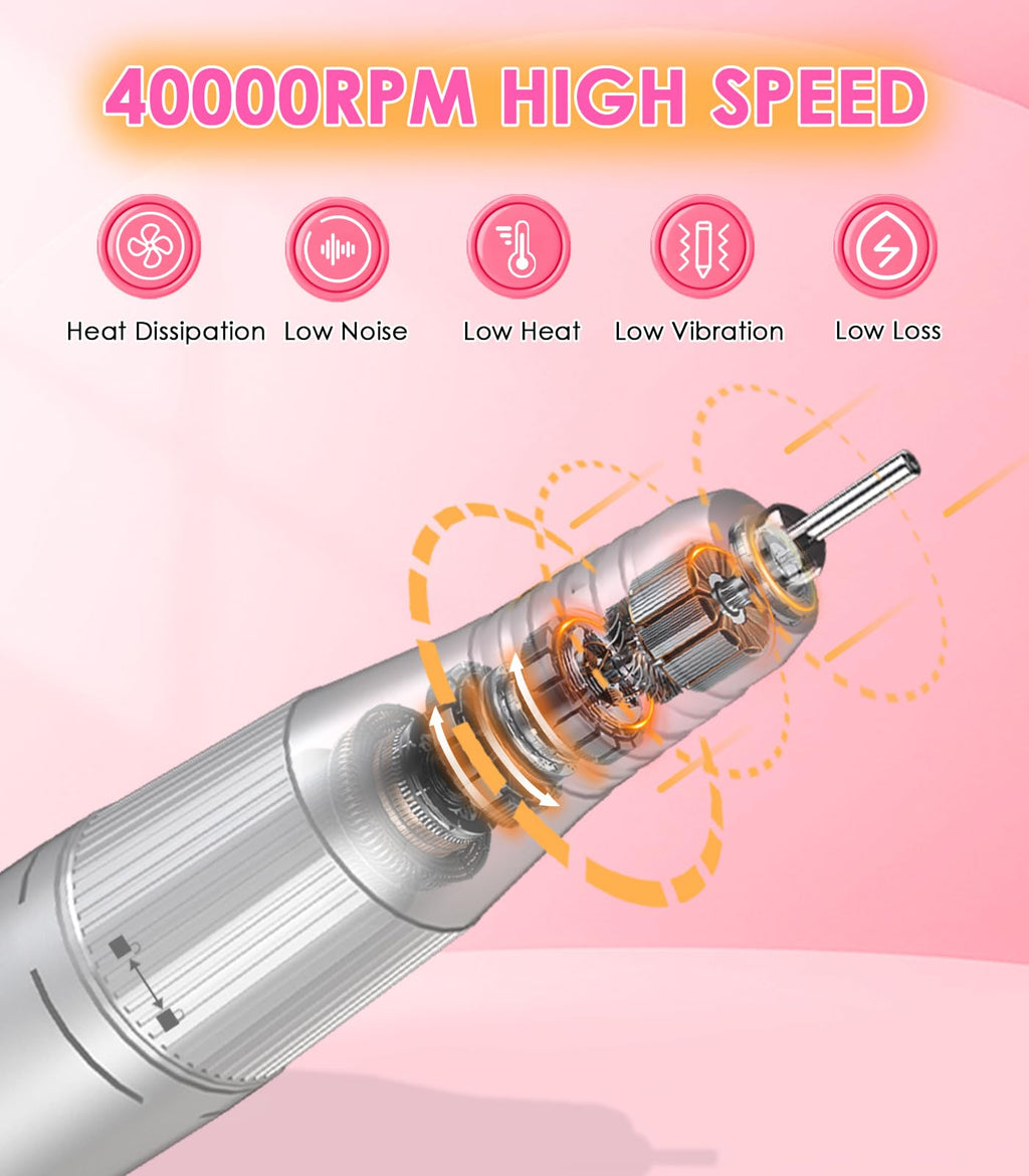Portable Rechargeable Nail Drill Machine, 40,000 RPM Electric E-File Kit