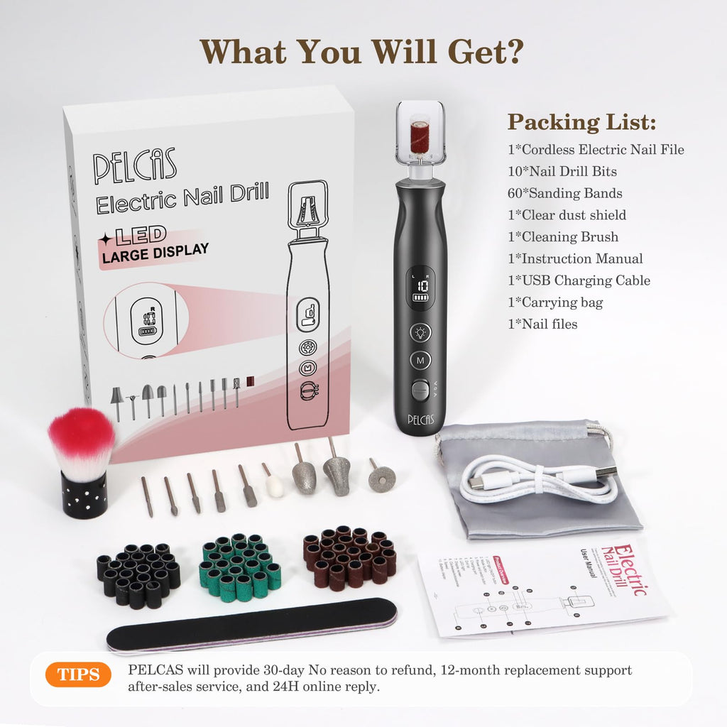 PELCAS Electric Nail Grinder, Cordless Nail Drill with LED Light and LCD Screen