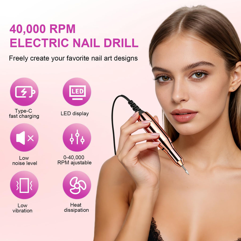 Professional Cordless Nail Drill Kit, 40,000 RPM, 12 Bits, USB-C Rechargeable