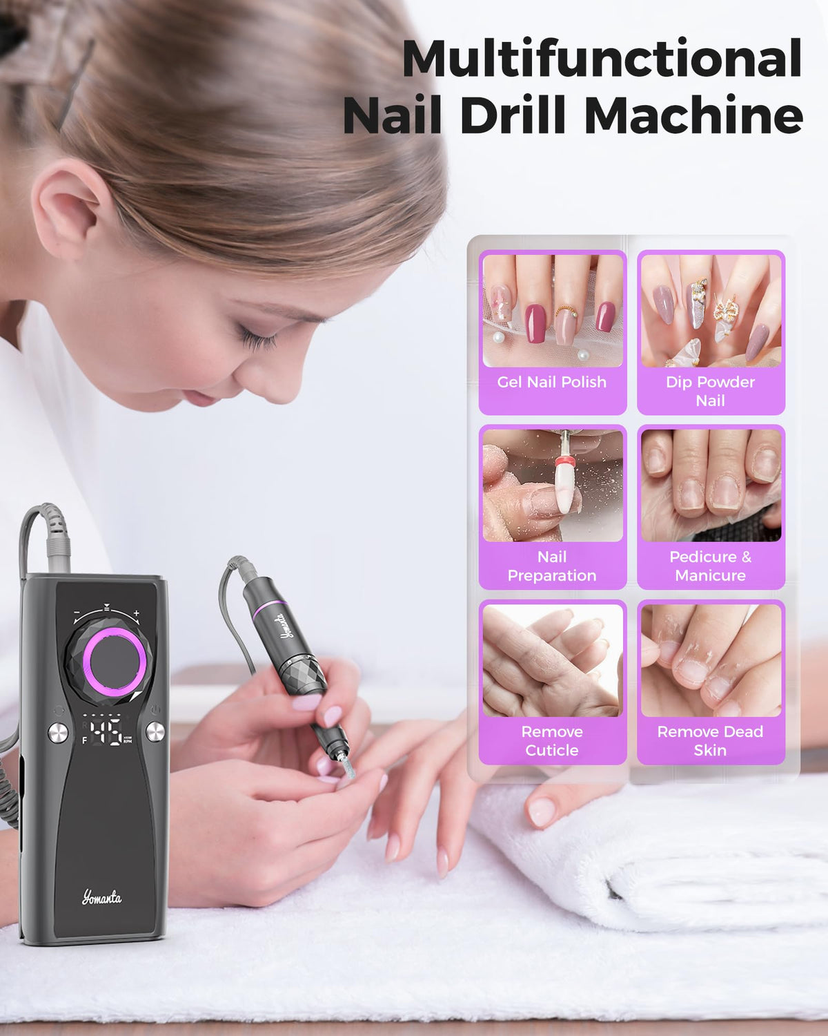 Yomanta Professional Electric Nail Drill Kit, 45,000 RPM Rechargeable E-File