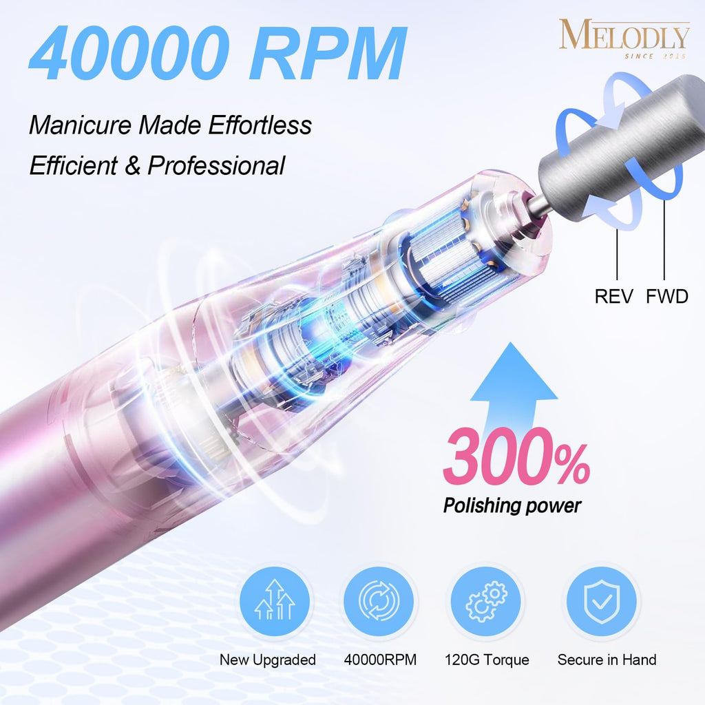 Melodly Professional Rechargeable Electric Nail Drill File Kit, 40000 RPM