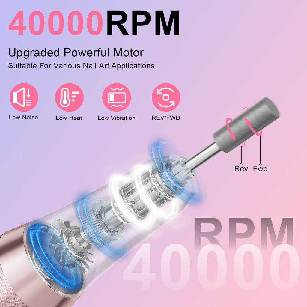 Professional Rechargeable Electric Nail Drill Kit, 40,000 RPM