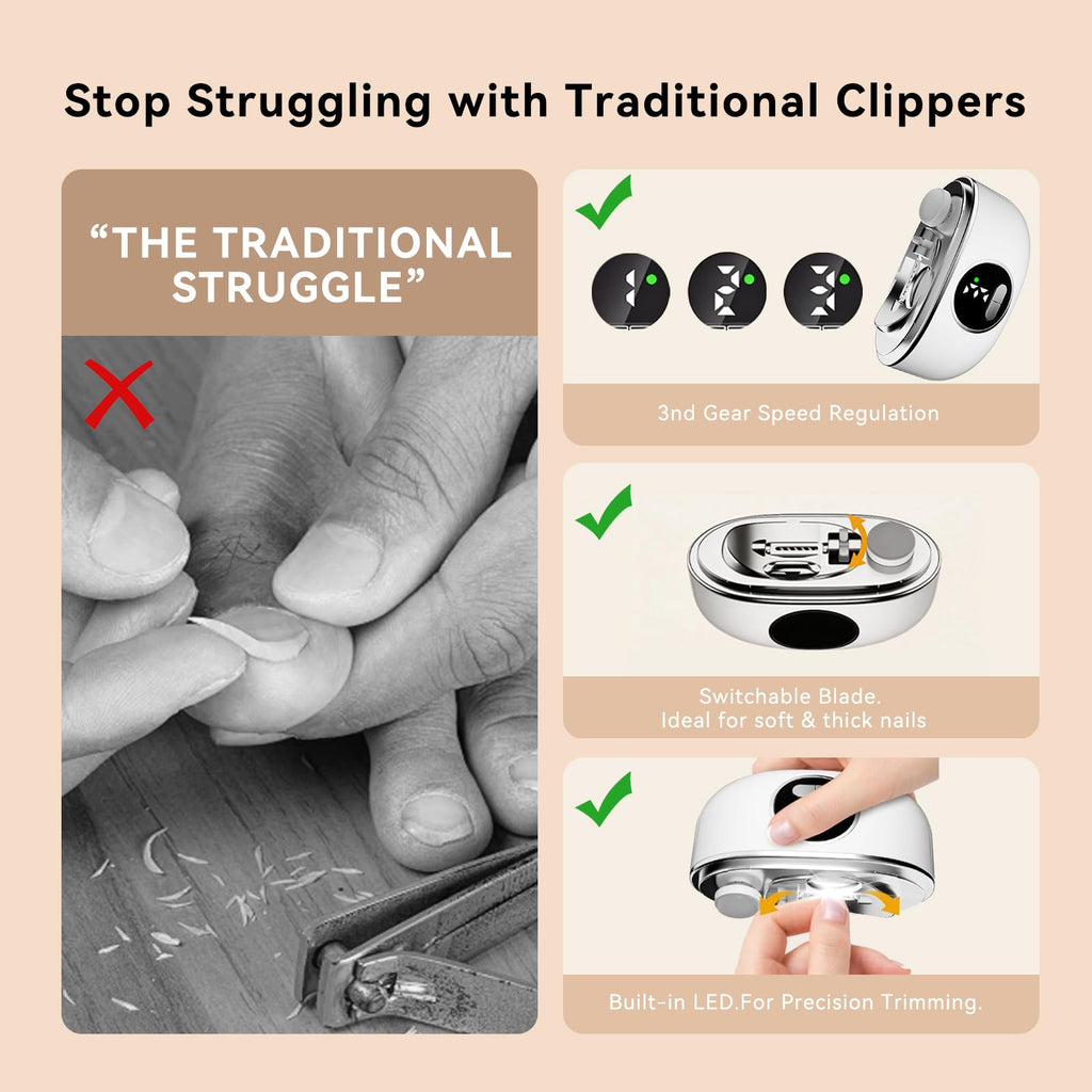 Electric Nail Clipper for Seniors & Adults, 3-in-1 White Nail Trimmer