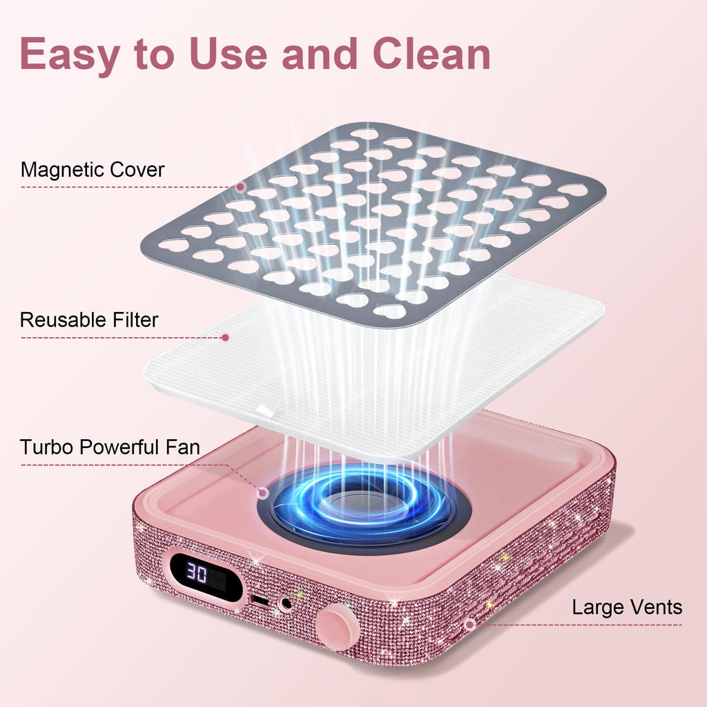 Nail Dust Collector with Reusable Filter, Quiet Adjustable Suction, Pink Diamond