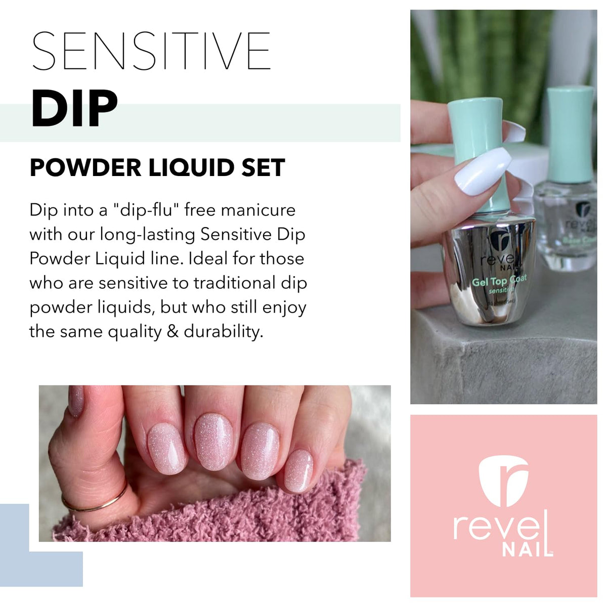 Revel Nail Sensitive Dip Powder Liquid Set with HEMA-Free Gel Top Coat