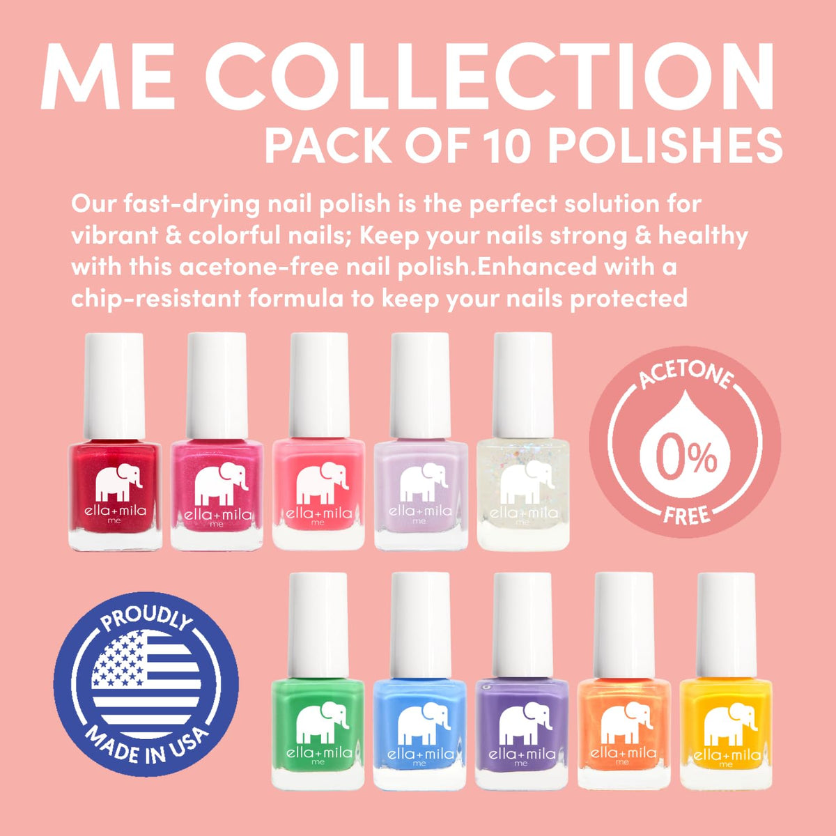 ella+mila Nail Polish Set for Kids, 10-Color Vegan Quick-Dry Collection
