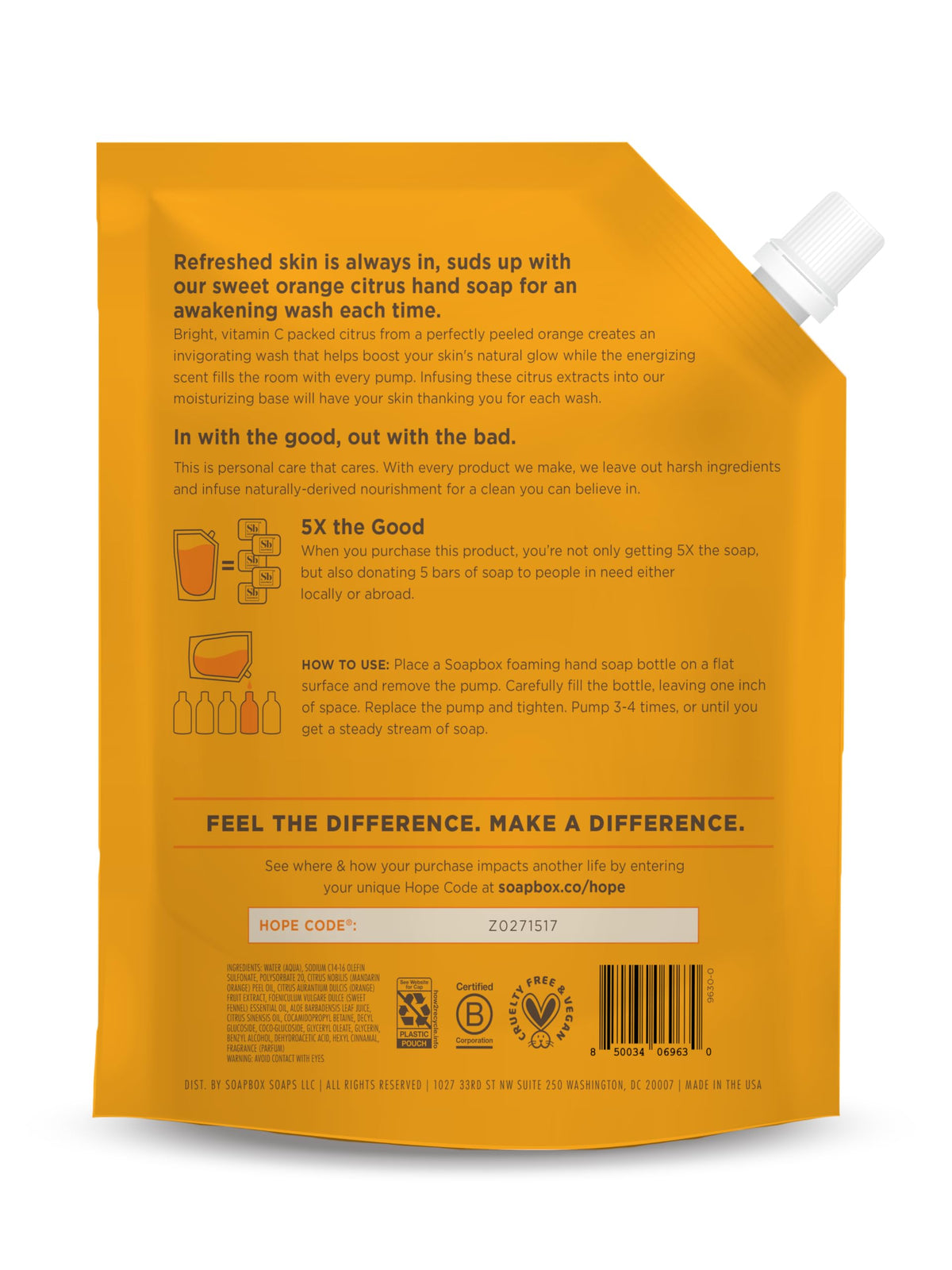 Soapbox Sweet Orange Citrus Foaming Hand Soap Refill, 64 oz
