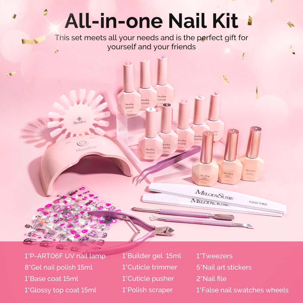 MelodySusie Gel Nail Polish Kit with UV Lamp, Builder Gel, Base and Top Coat