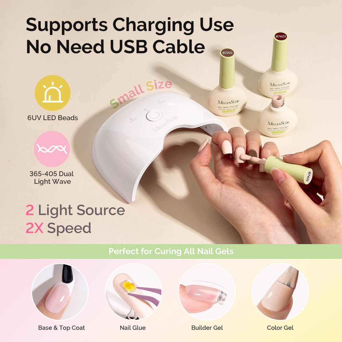 MelodySusie Gel Nail Kit with Cordless UV LED Lamp, Base, Top & Builder Gel