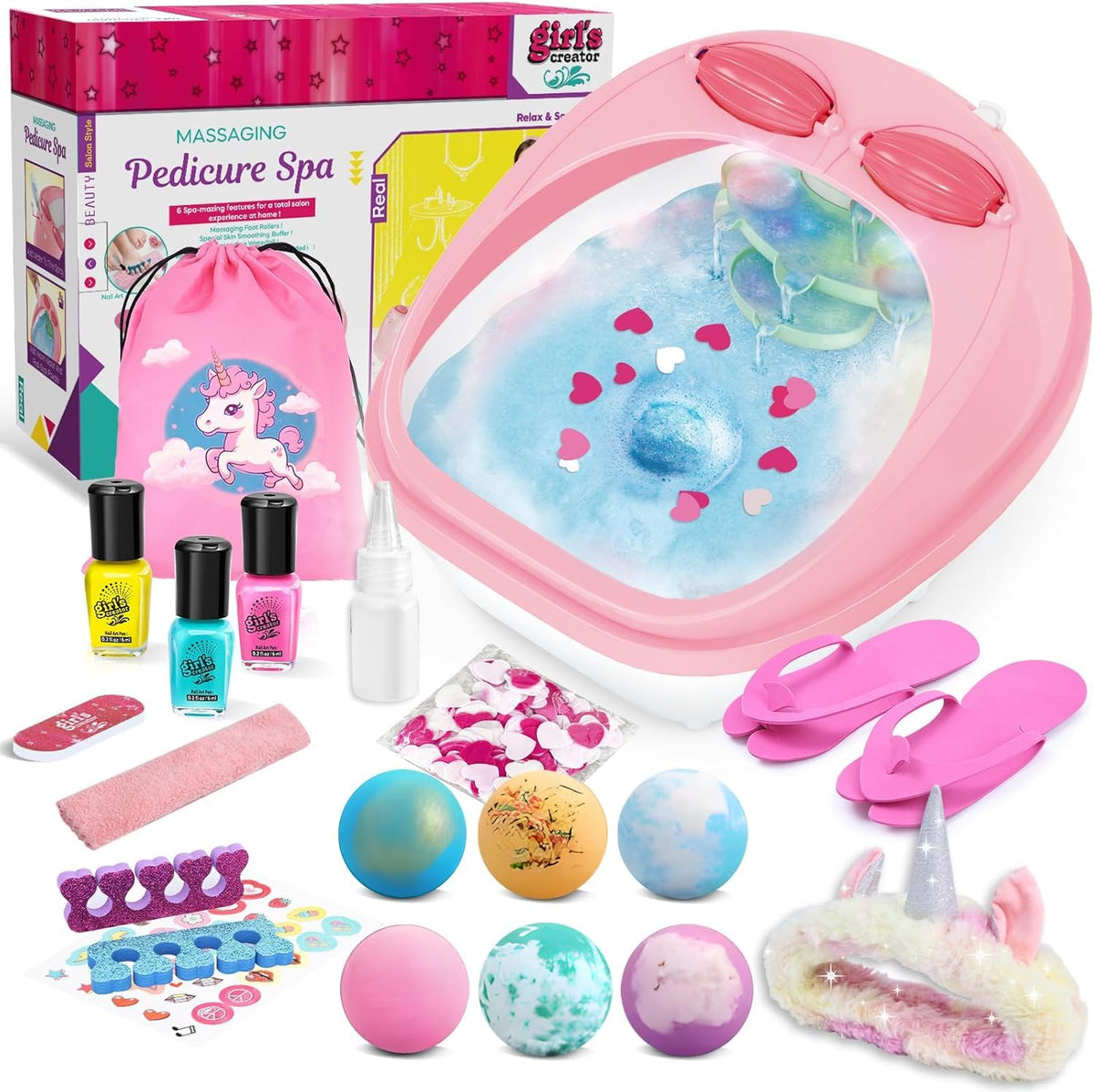 Pink Spa Day Gift Set for Girls with Foot Spa, Nail Art and Accessories
