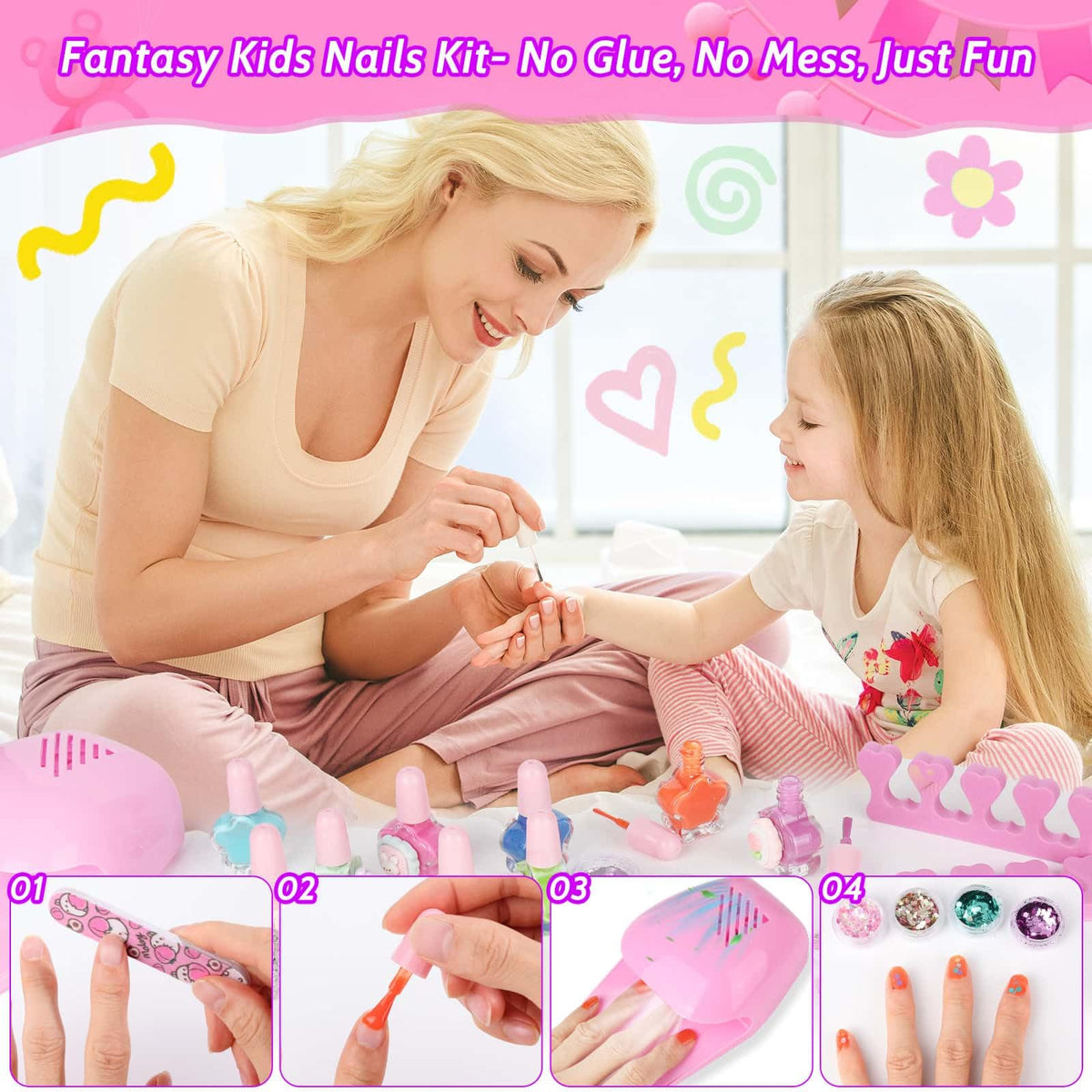 Kids Nail Art Kit with Press-On Nails, Polish, Dryer and Stickers