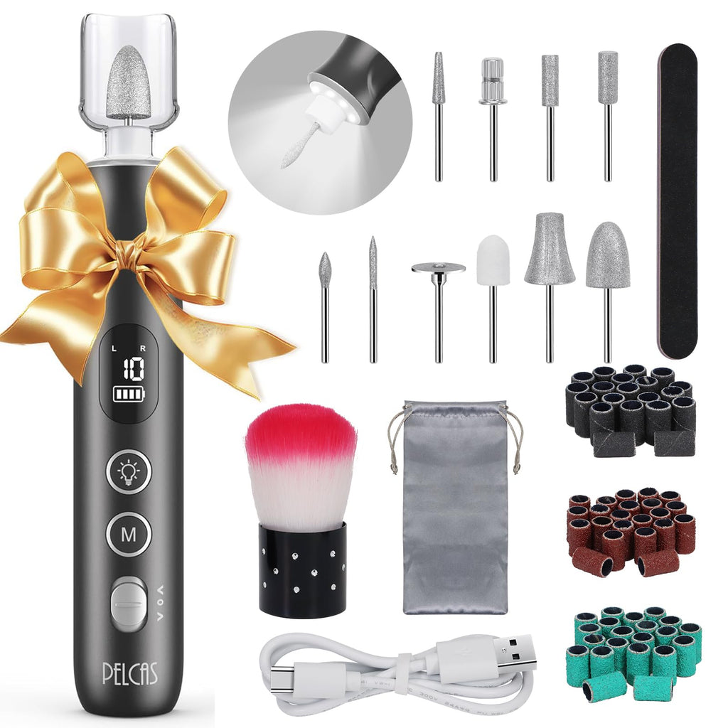 PELCAS Electric Nail Grinder, Cordless Nail Drill with LED Light and LCD Screen