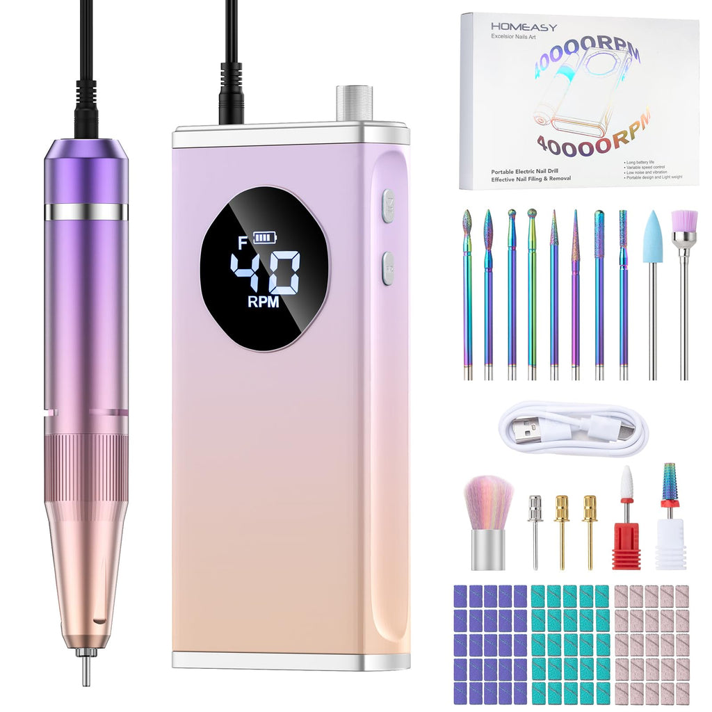 HOMEASY Electric Nail Drill 40000RPM Rechargeable E-File Kit, Purple