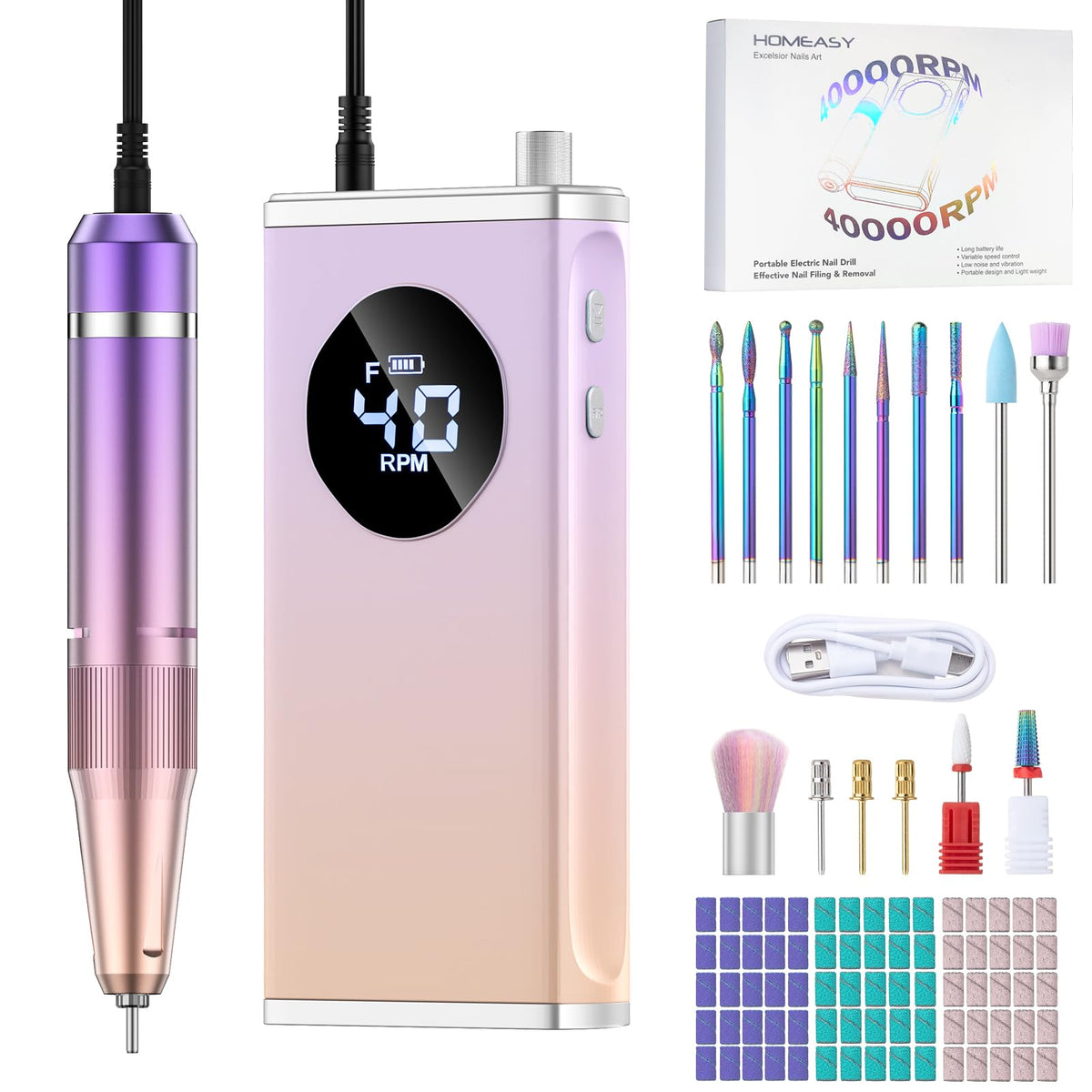 HOMEASY Electric Nail Drill 40000RPM Rechargeable E-File Kit, Purple