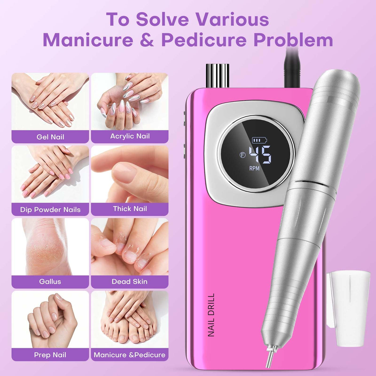 FTOYIN Rechargeable Electric Nail Drill with LCD Display and Bits