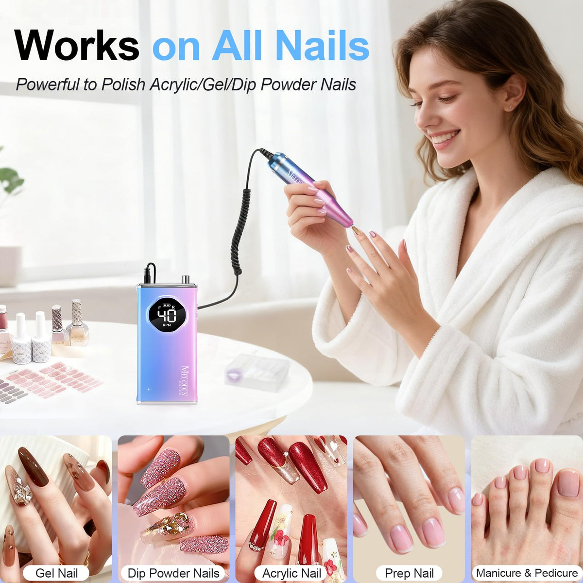 Melodly Professional Rechargeable Electric Nail Drill File Kit, 40000 RPM