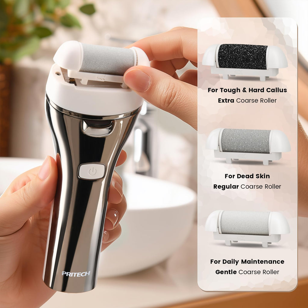 Electric Foot Callus Remover, Rechargeable Pedicure File, 3 Roller Heads, 3 Speeds