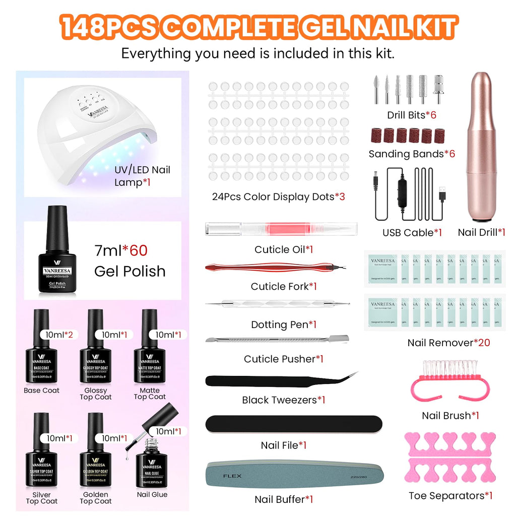 VANREESA Gel Nail Polish Kit with UV LED Lamp, Nail Drill & Almond Tips