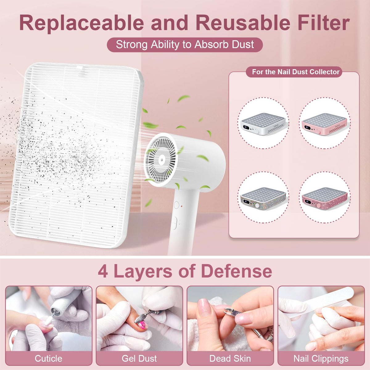 Nail Dust Collector with Reusable Filter, Quiet Adjustable Suction, Pink Diamond