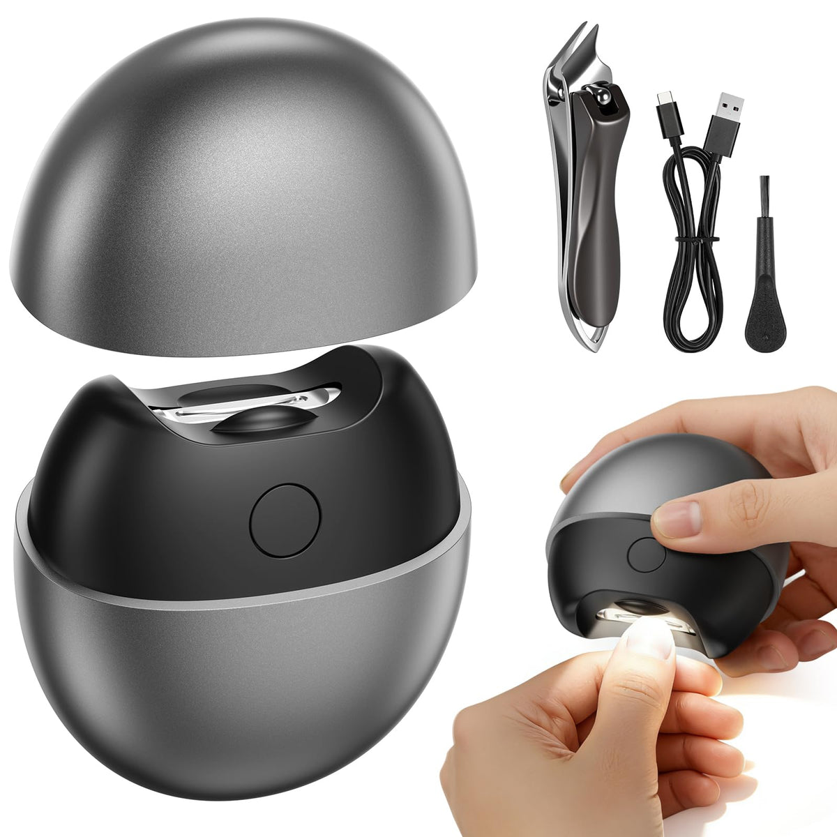 Gray 4-in-1 Electric Nail Clipper with LED Light and Nail Scrap Storage