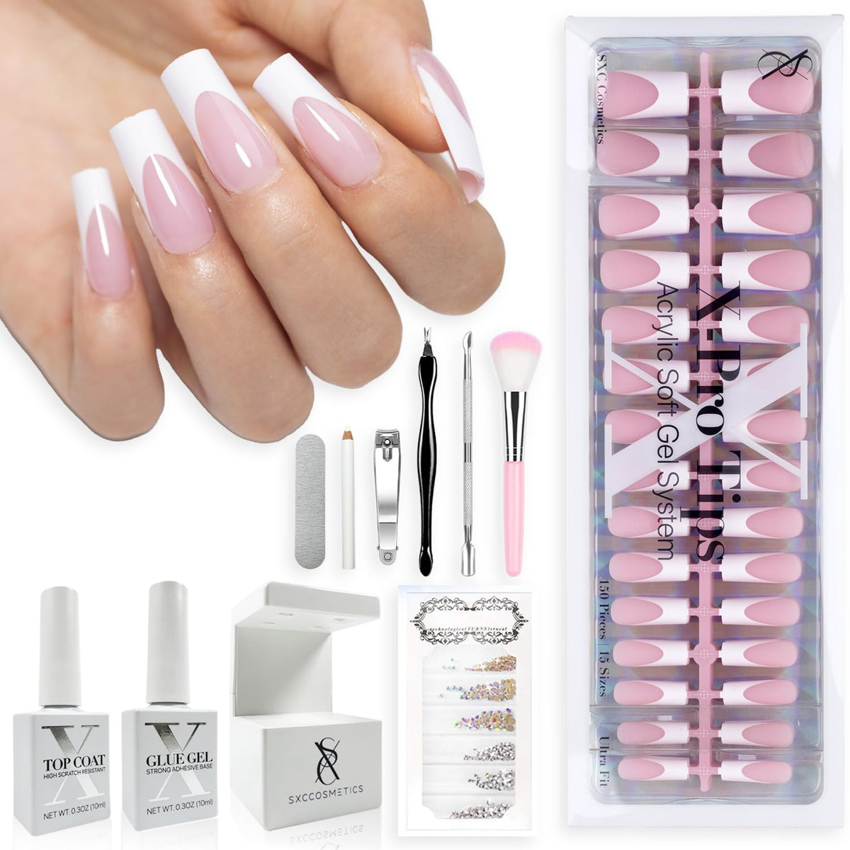 SXC Cosmetics Press-On Fake Nails Starter Kit, 150 Pieces, 15 Sizes