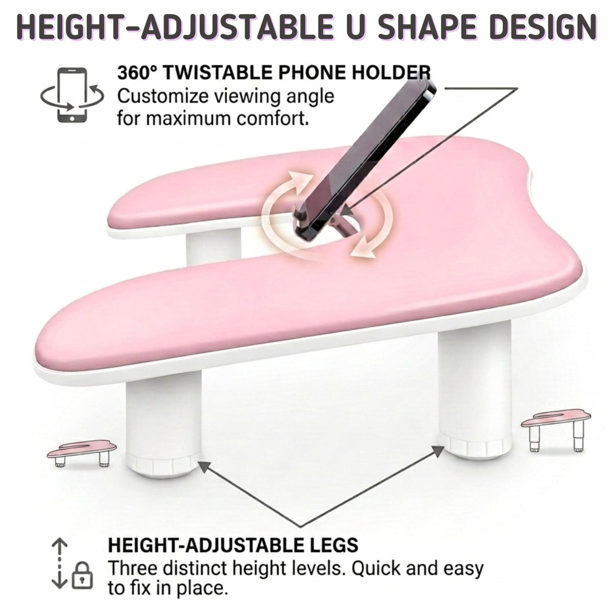 U-Shaped Nail Arm Rest with Adjustable 360° Phone Holder, Pink