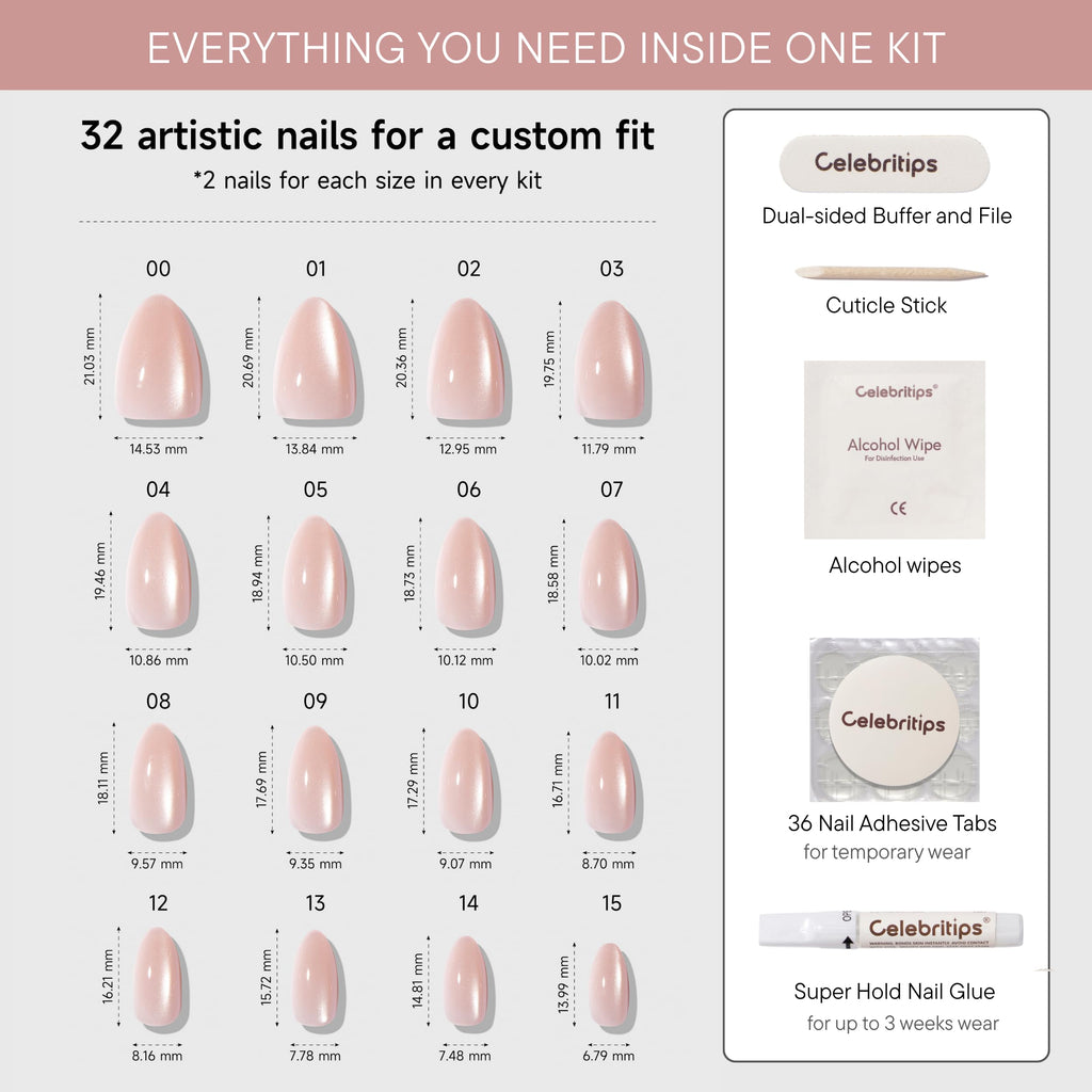 Celebritips Nail Art Press-On Nails, Short Almond, Reusable 32-Piece Kit