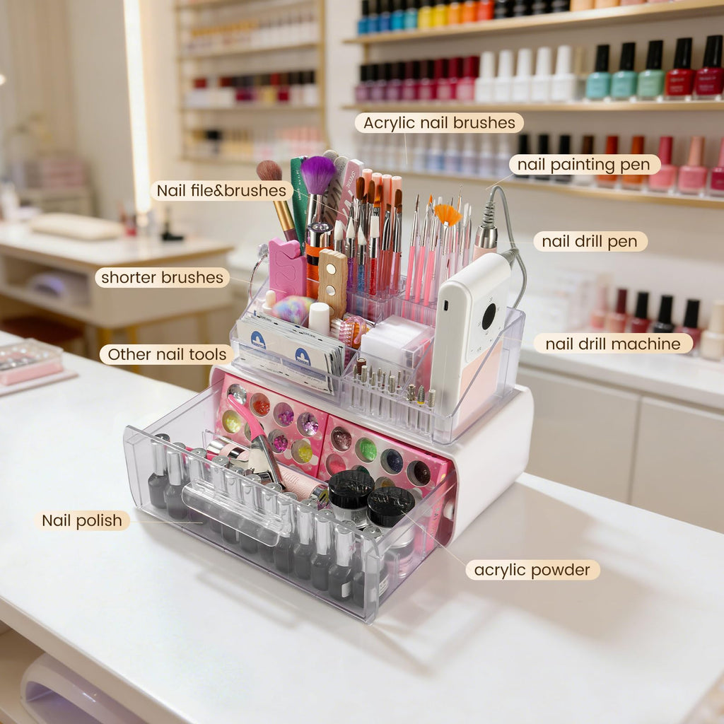 2-Tier Nail Tech Desk Organizer with Drawer for Nail Supplies