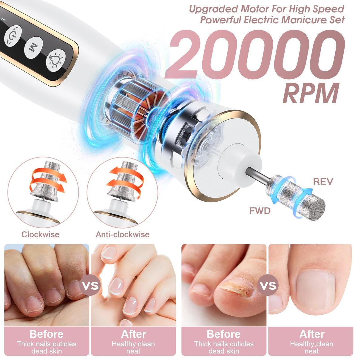 Hoxida Cordless Electric Nail Drill Kit with LED Light