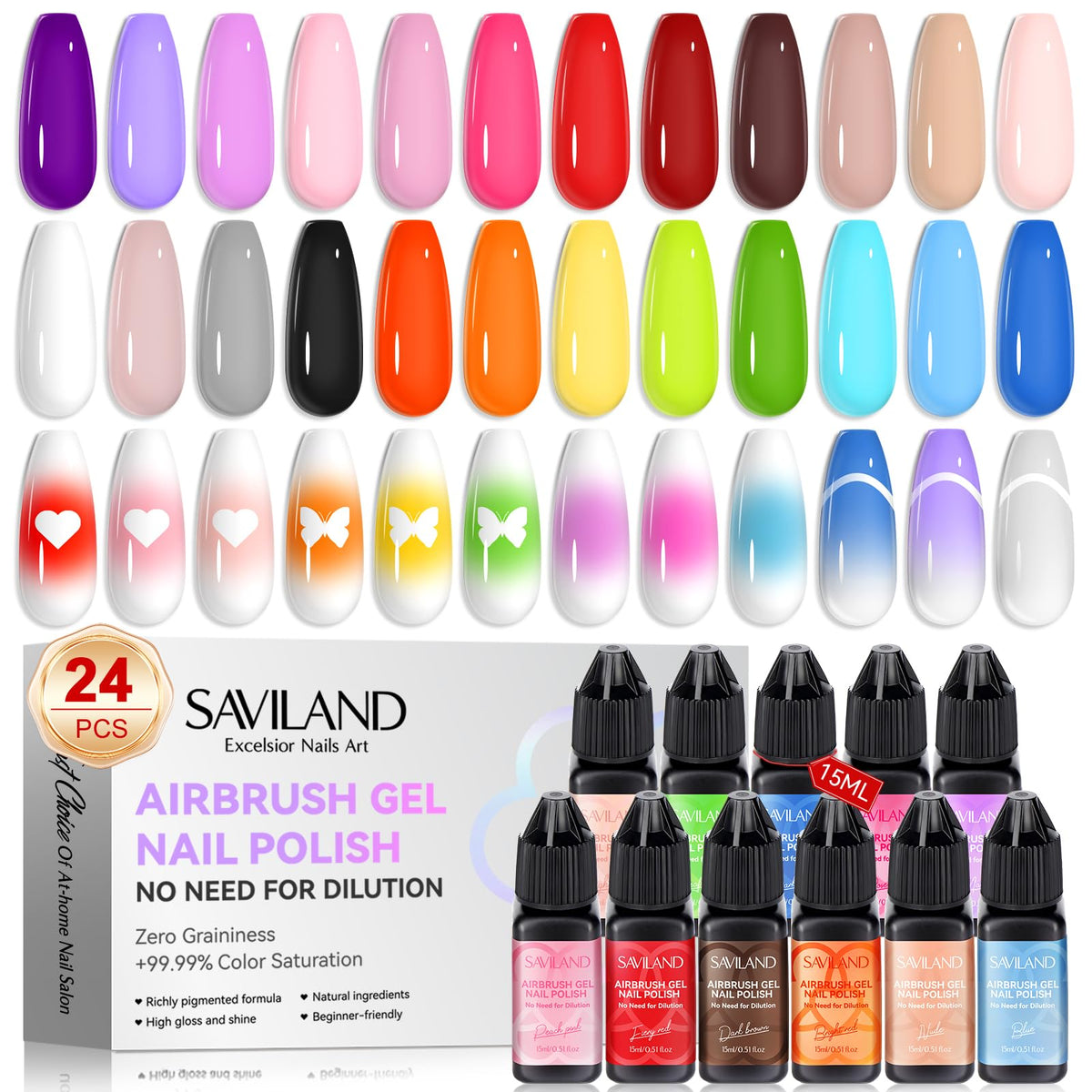 SAVILAND HEMA-Free Airbrush Gel Nail Polish, 24-Color Water-Based Nail Art Kit