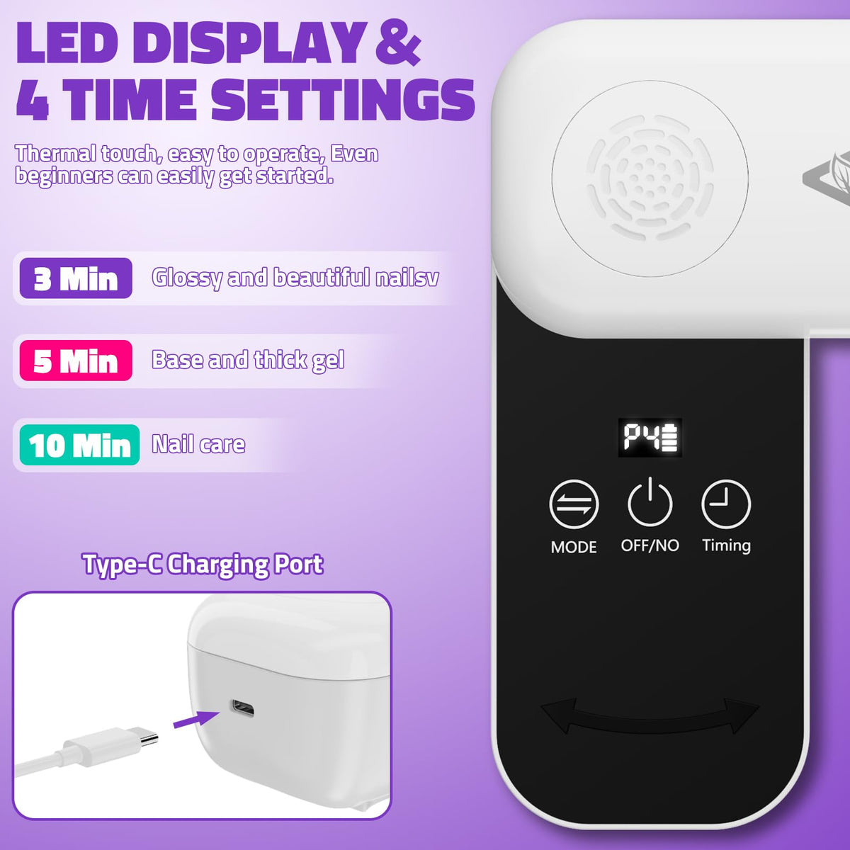 Compact Cordless UV LED Nail Lamp with 4 Modes, Timer & Rotating Panel