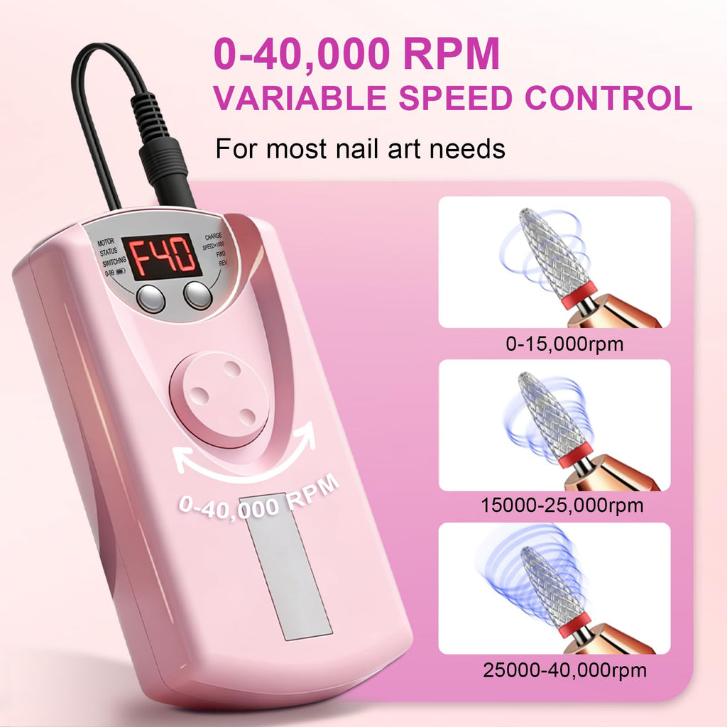 Professional Cordless Nail Drill Kit, 40,000 RPM, 12 Bits, USB-C Rechargeable