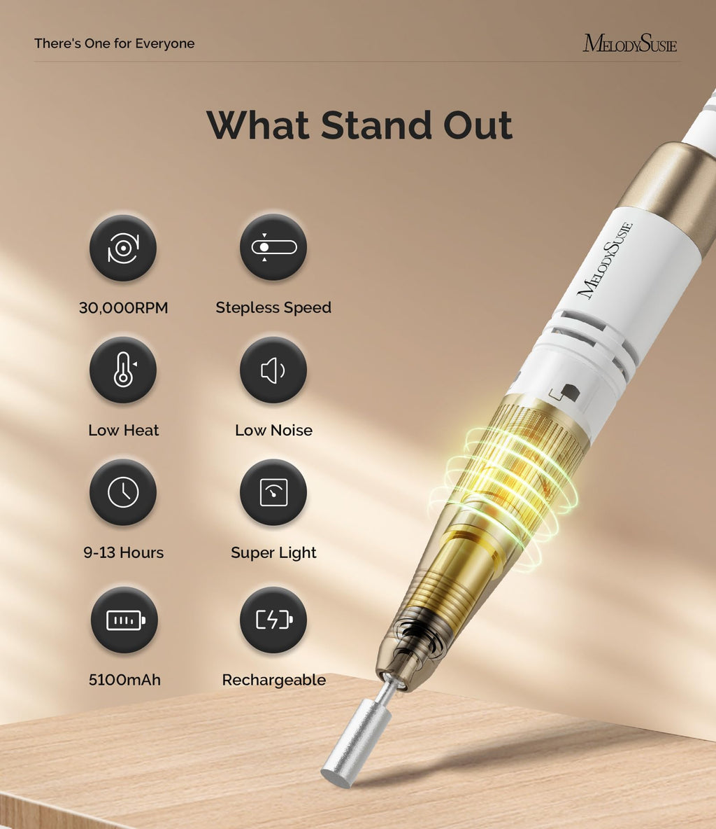 MelodySusie SC320C Cordless Nail Drill, 30000 RPM Clip-On Electric Nail File